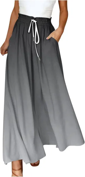 Women's Bohemian Gradient Color Elastic Casual High Waisted Wide Leg Dressy Loose Fit Pants with Pockets