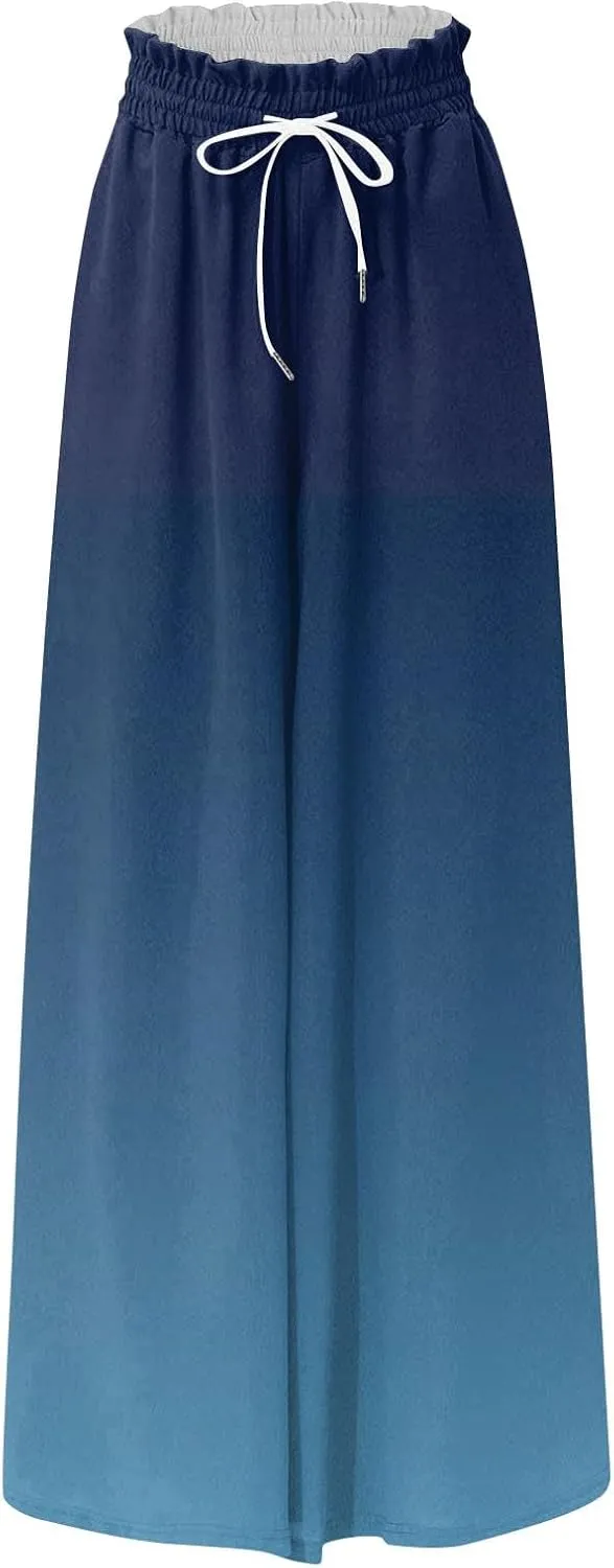 Women's Bohemian Gradient Color Elastic Casual High Waisted Wide Leg Dressy Loose Fit Pants with Pockets