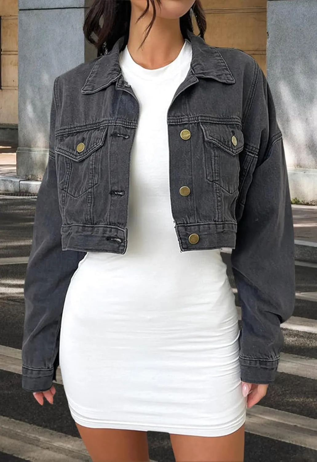 Women's Button Down Jacket Long Sleeve Cropped Top Denim Jeans Coat