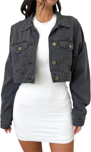 Women's Button Down Jacket Long Sleeve Cropped Top Denim Jeans Coat