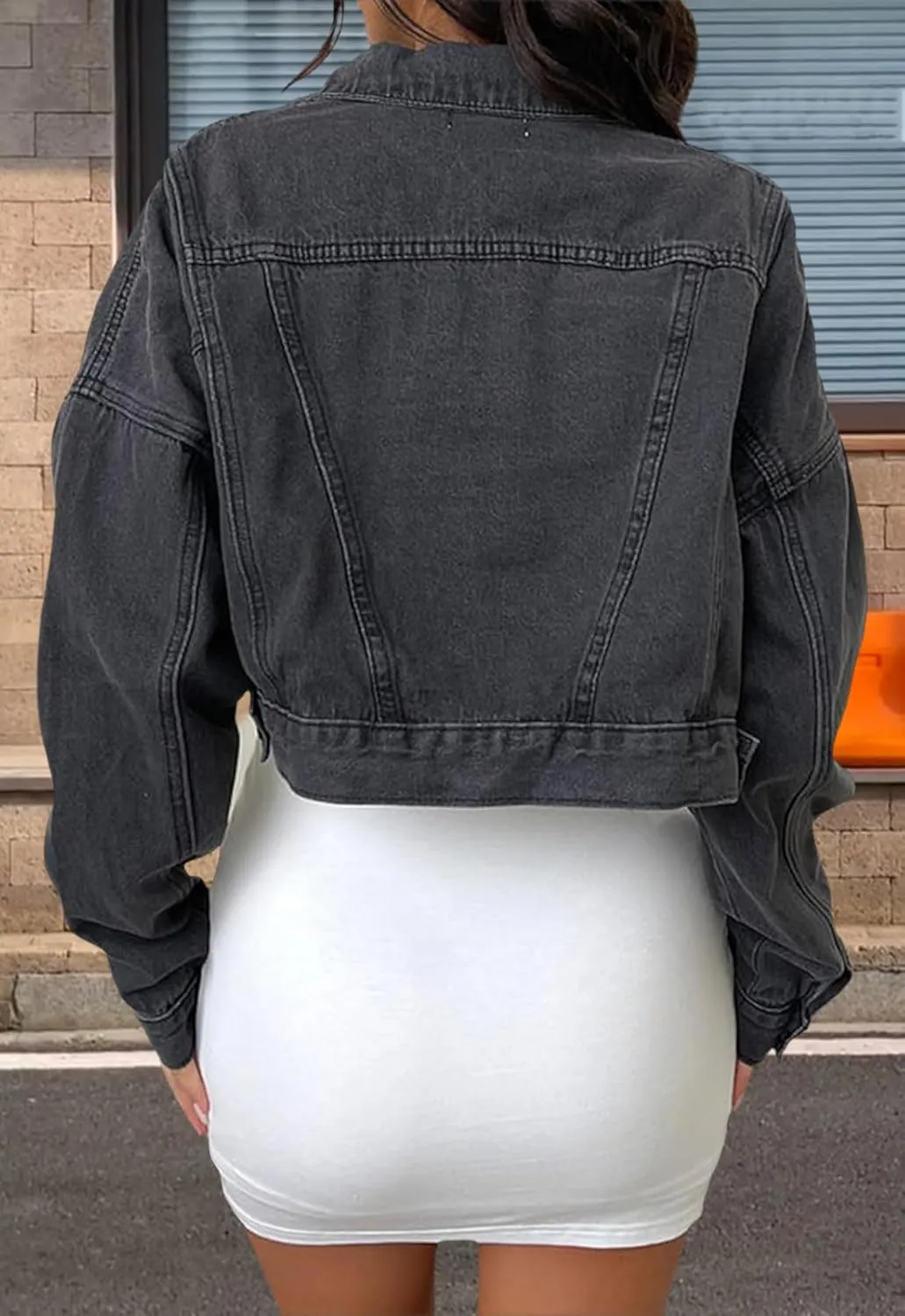 Women's Button Down Jacket Long Sleeve Cropped Top Denim Jeans Coat