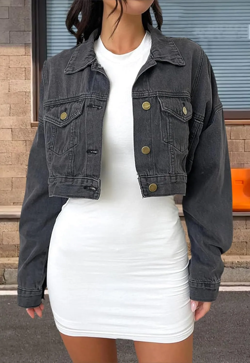 Women's Button Down Jacket Long Sleeve Cropped Top Denim Jeans Coat