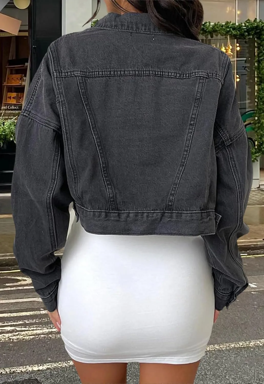 Women's Button Down Jacket Long Sleeve Cropped Top Denim Jeans Coat