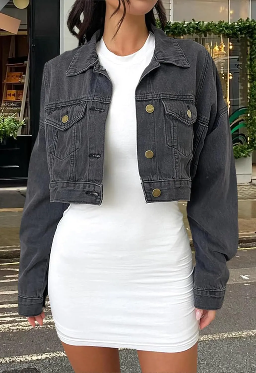 Women's Button Down Jacket Long Sleeve Cropped Top Denim Jeans Coat
