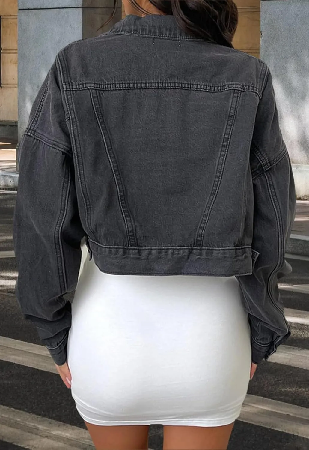 Women's Button Down Jacket Long Sleeve Cropped Top Denim Jeans Coat