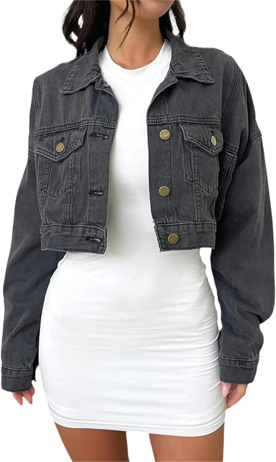 Women's Button Down Jacket Long Sleeve Cropped Top Denim Jeans Coat