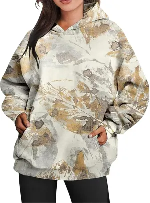Womens Camo Hoodies Maple Leaf Print Oversized Hooded Camo Sweatshirt,Maple Leaf Print Pullover Tops with Pocket