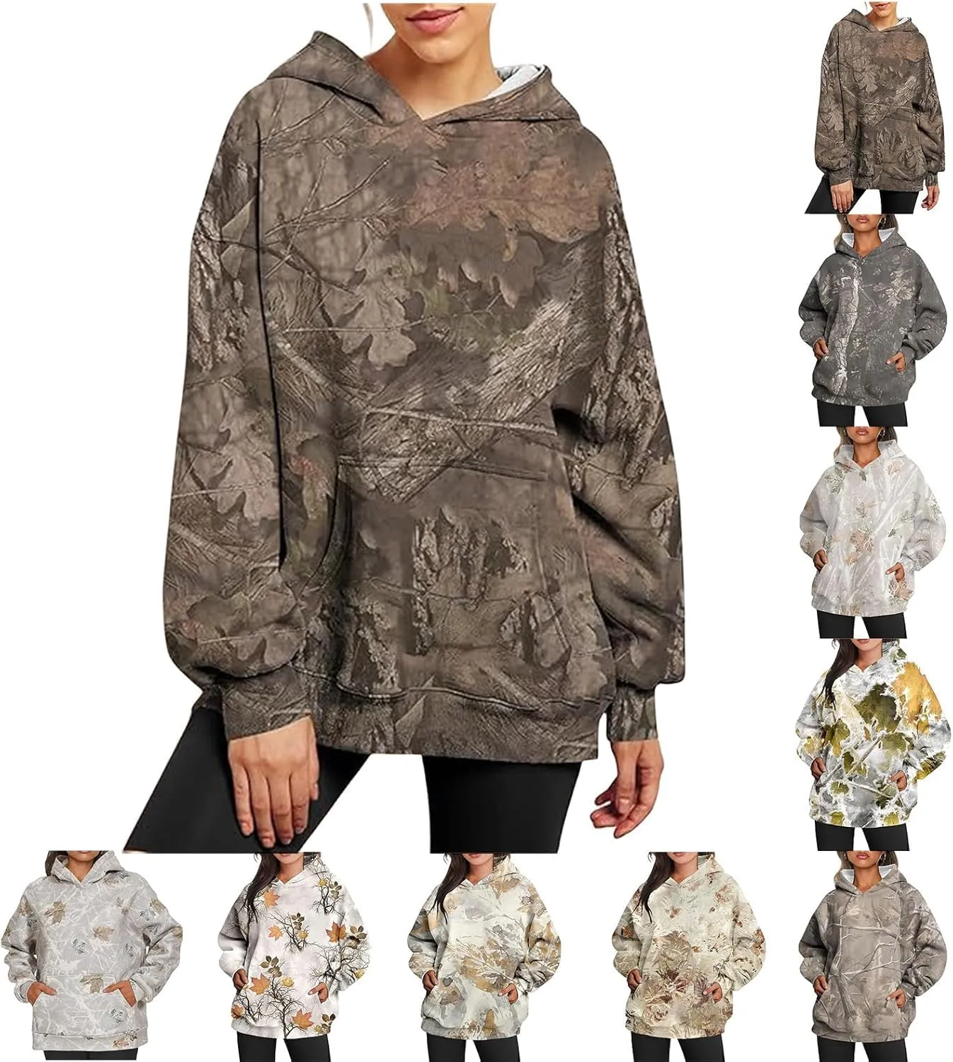 Womens Camo Hoodies Maple Leaf Print Oversized Hooded Camo Sweatshirt,Maple Leaf Print Pullover Tops with Pocket