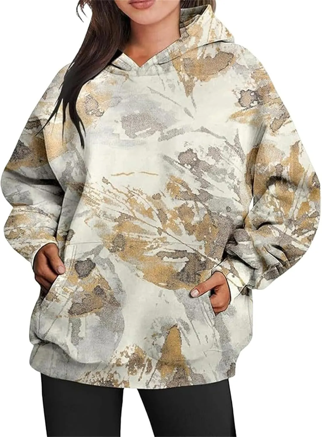 Womens Camo Hoodies Maple Leaf Print Oversized Hooded Camo Sweatshirt,Maple Leaf Print Pullover Tops with Pocket