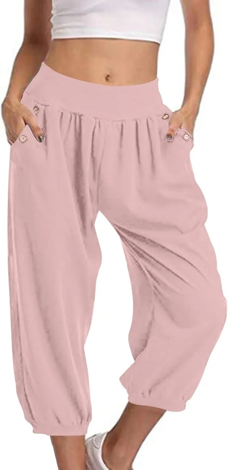Womens Capri Pant 2024 Summer Fashion High Waisted Elastic Lounge Pant Solid Cropped Button-On Pockets Pants