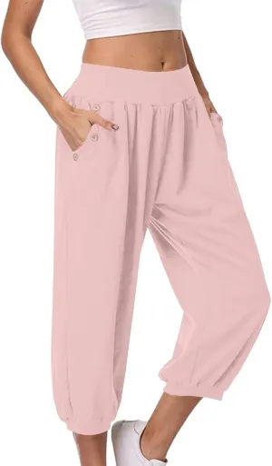 Womens Capri Pant 2024 Summer Fashion High Waisted Elastic Lounge Pant Solid Cropped Button-On Pockets Pants