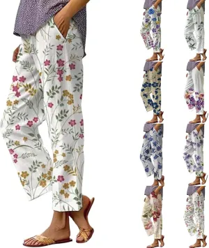Women's Casual Boho Floral Cotton Linen Baggy Pants Elastic Waist Straight Legs Summer Beach Trousers with Pockets