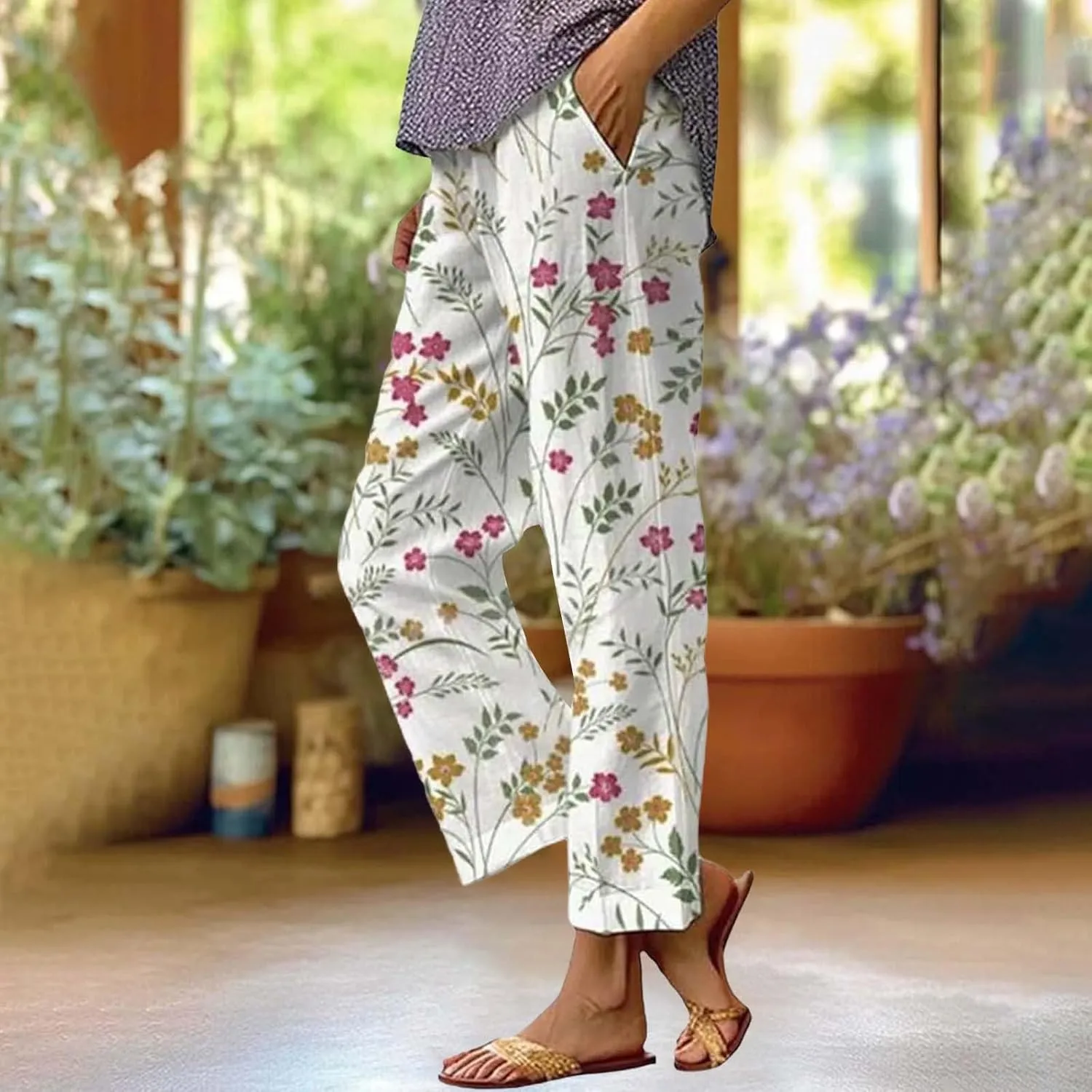 Women's Casual Boho Floral Cotton Linen Baggy Pants Elastic Waist Straight Legs Summer Beach Trousers with Pockets