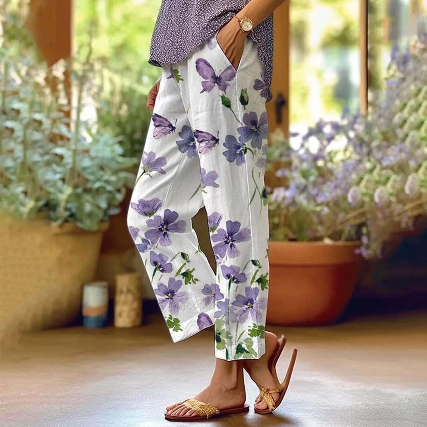 Women's Casual Boho Floral Cotton Linen Baggy Pants Elastic Waist Straight Legs Summer Beach Trousers with Pockets