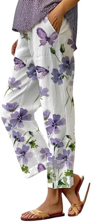 Women's Casual Boho Floral Cotton Linen Baggy Pants Elastic Waist Straight Legs Summer Beach Trousers with Pockets