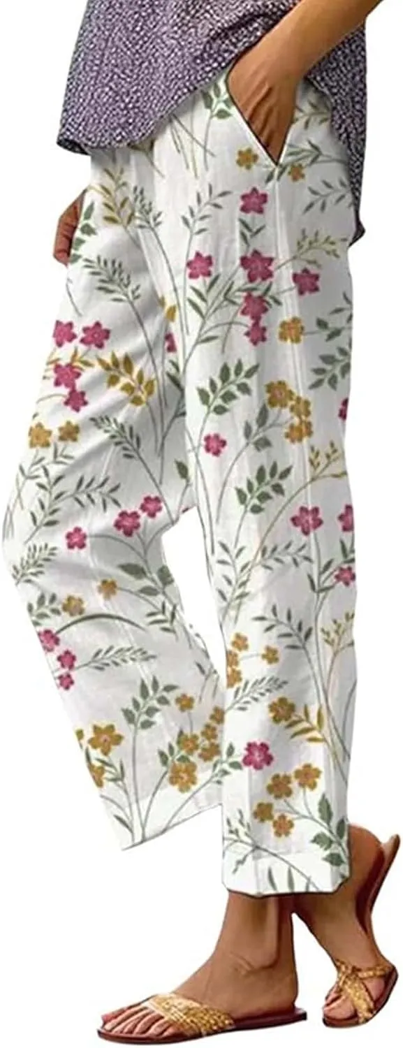 Women's Casual Boho Floral Cotton Linen Baggy Pants Elastic Waist Straight Legs Summer Beach Trousers with Pockets