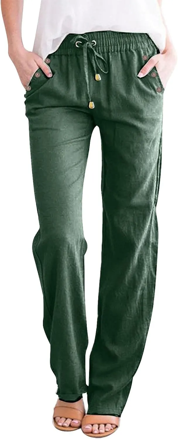 Womens Casual Cotton Linen Pants 2025 Lightweight Summer Relax Fit Elastic Waist Solid Lounge Beach Long Trousers