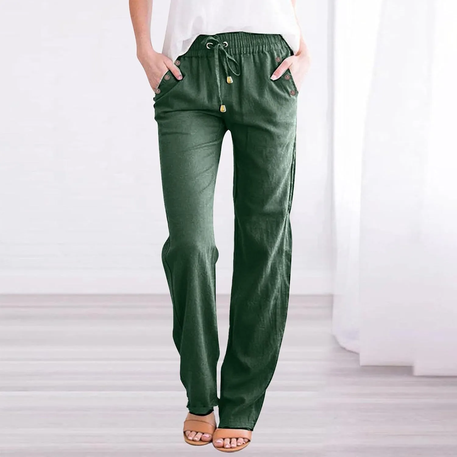 Womens Casual Cotton Linen Pants 2025 Lightweight Summer Relax Fit Elastic Waist Solid Lounge Beach Long Trousers