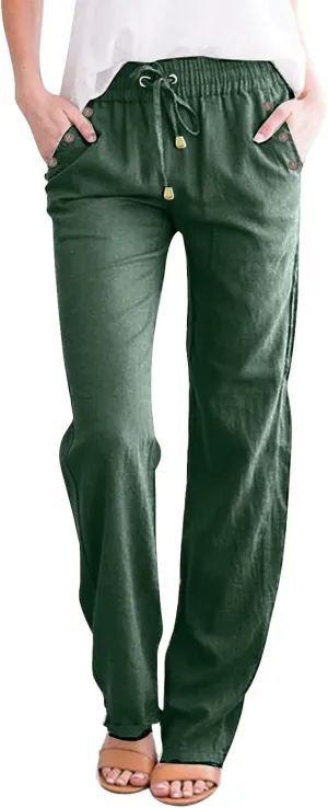Womens Casual Cotton Linen Pants 2025 Lightweight Summer Relax Fit Elastic Waist Solid Lounge Beach Long Trousers