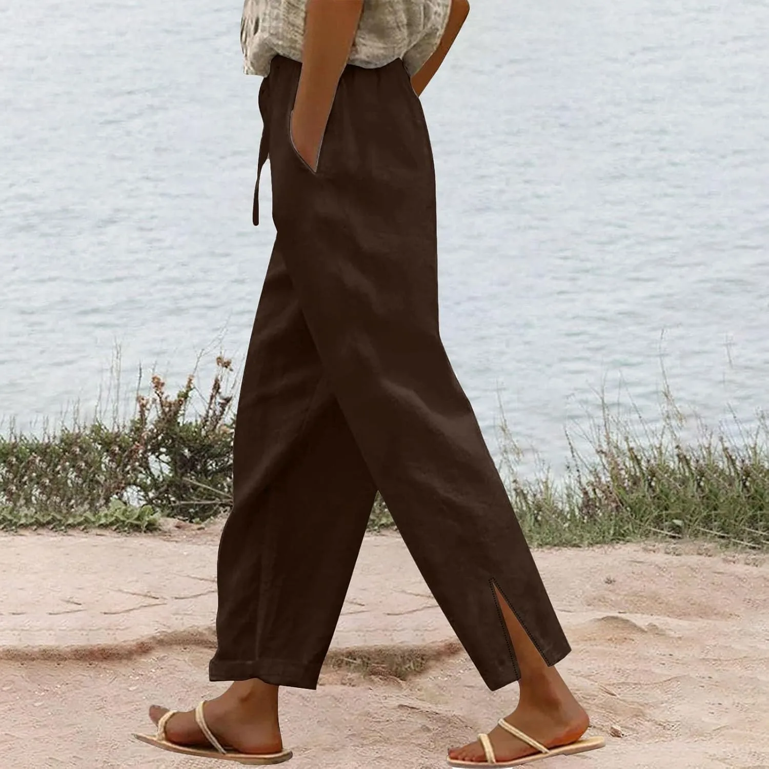 Womens Casual Cotton Linen Pants High Waist Drawstring Loose Fit Summer Spring Straight Leg Trousers with Pockets