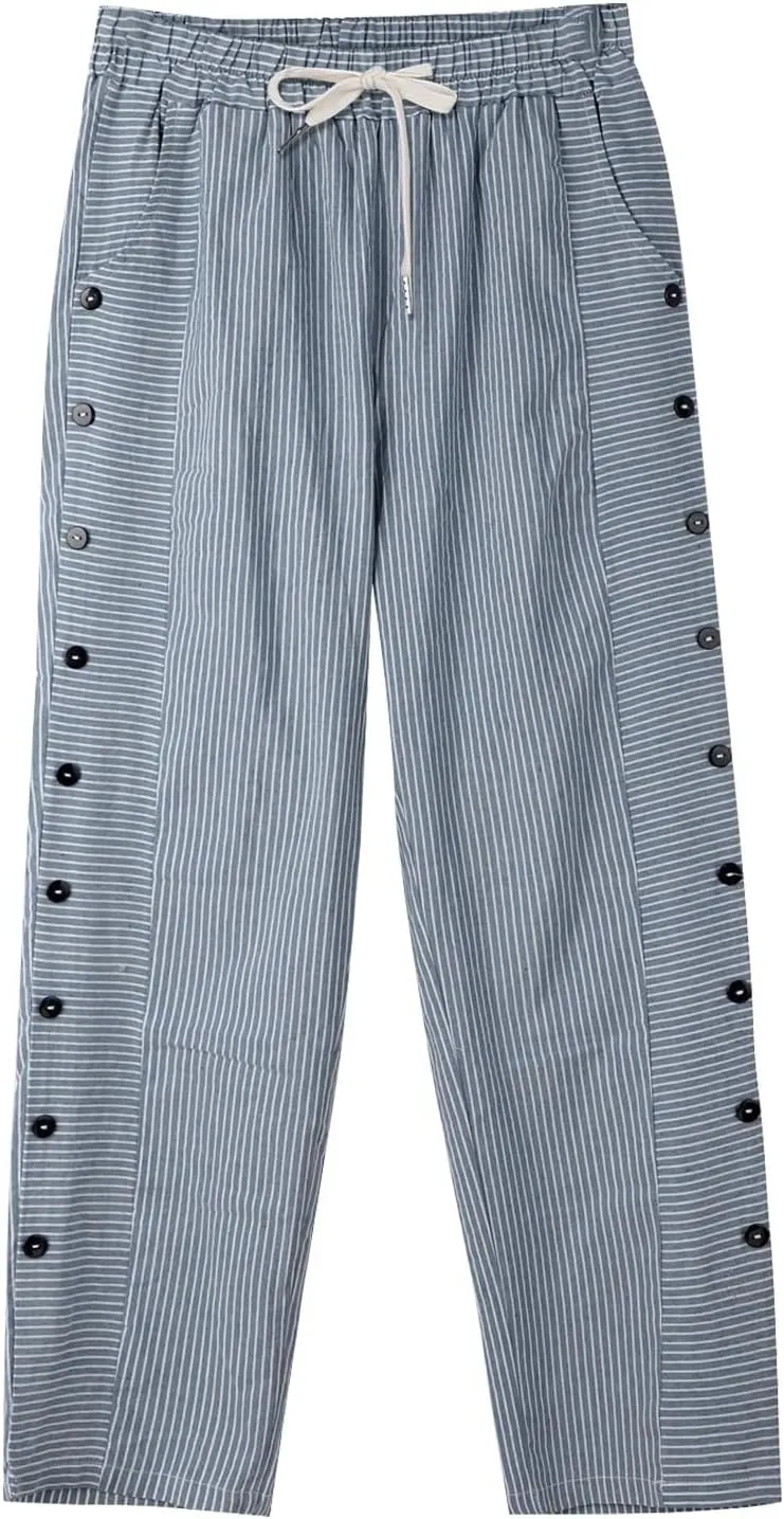 Women's Casual Linen Pants Striped Side Button Elastic Waist Trendy Pants Straight Leg Baggy Trousers with Pockets