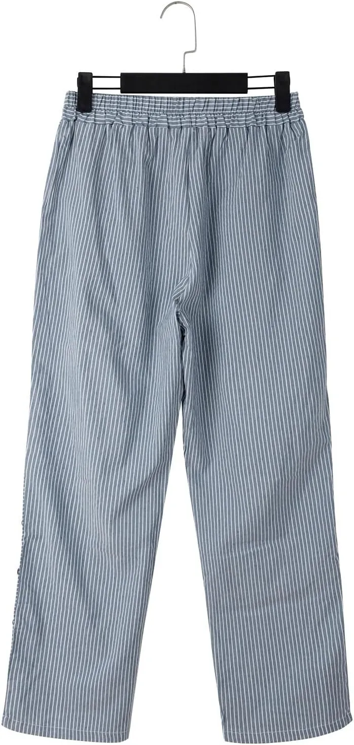 Women's Casual Linen Pants Striped Side Button Elastic Waist Trendy Pants Straight Leg Baggy Trousers with Pockets