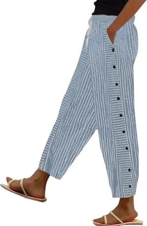 Women's Casual Linen Pants Striped Side Button Elastic Waist Trendy Pants Straight Leg Baggy Trousers with Pockets