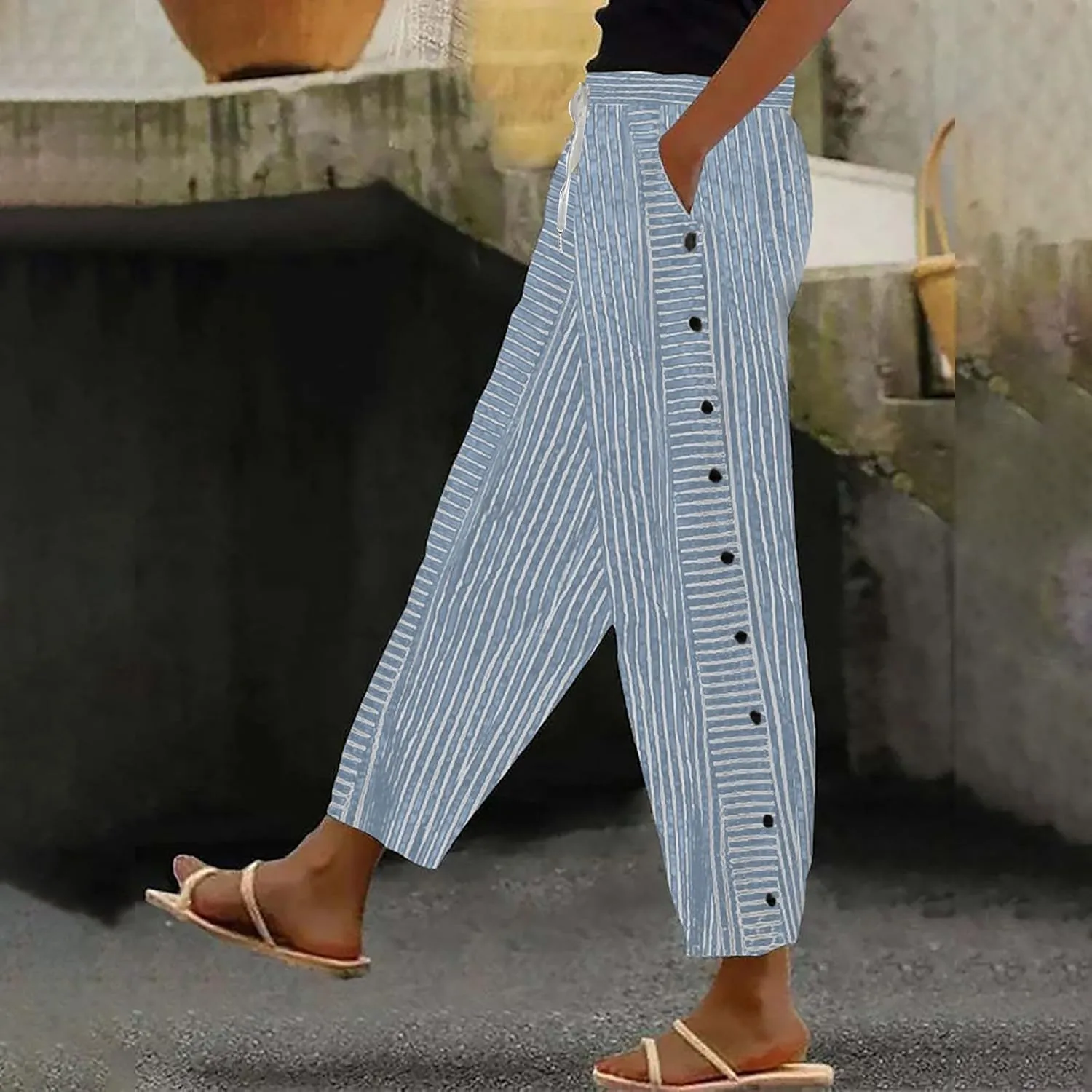 Women's Casual Linen Pants Striped Side Button Elastic Waist Trendy Pants Straight Leg Baggy Trousers with Pockets