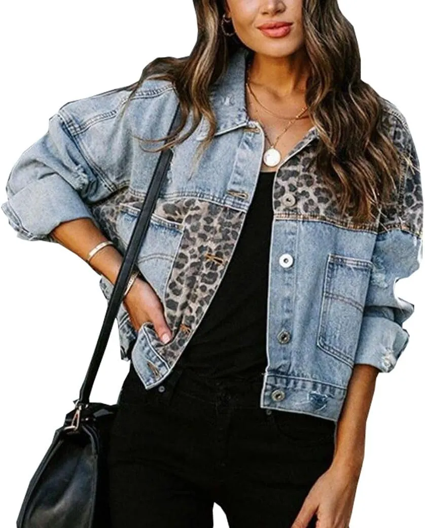 Women's Casual Long Sleeve Button Up Denim Jacket Leopard Print Patchwork Jean Top Coat Jackets
