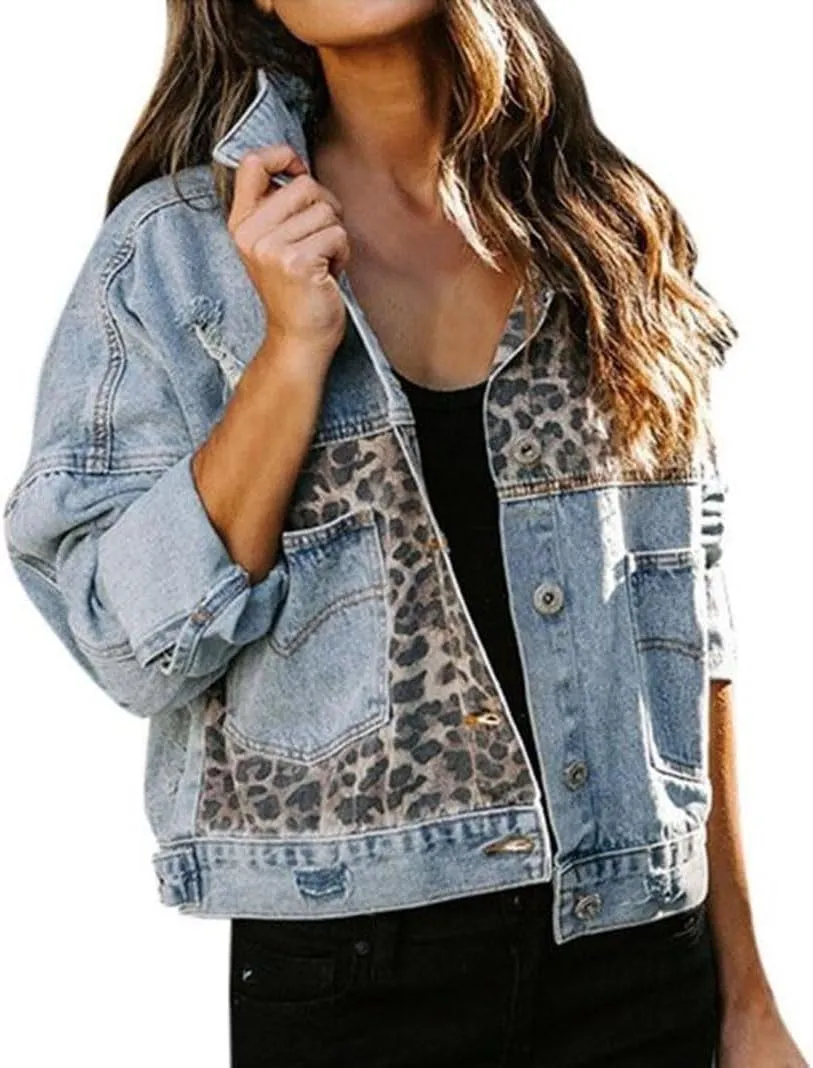 Women's Casual Long Sleeve Button Up Denim Jacket Leopard Print Patchwork Jean Top Coat Jackets
