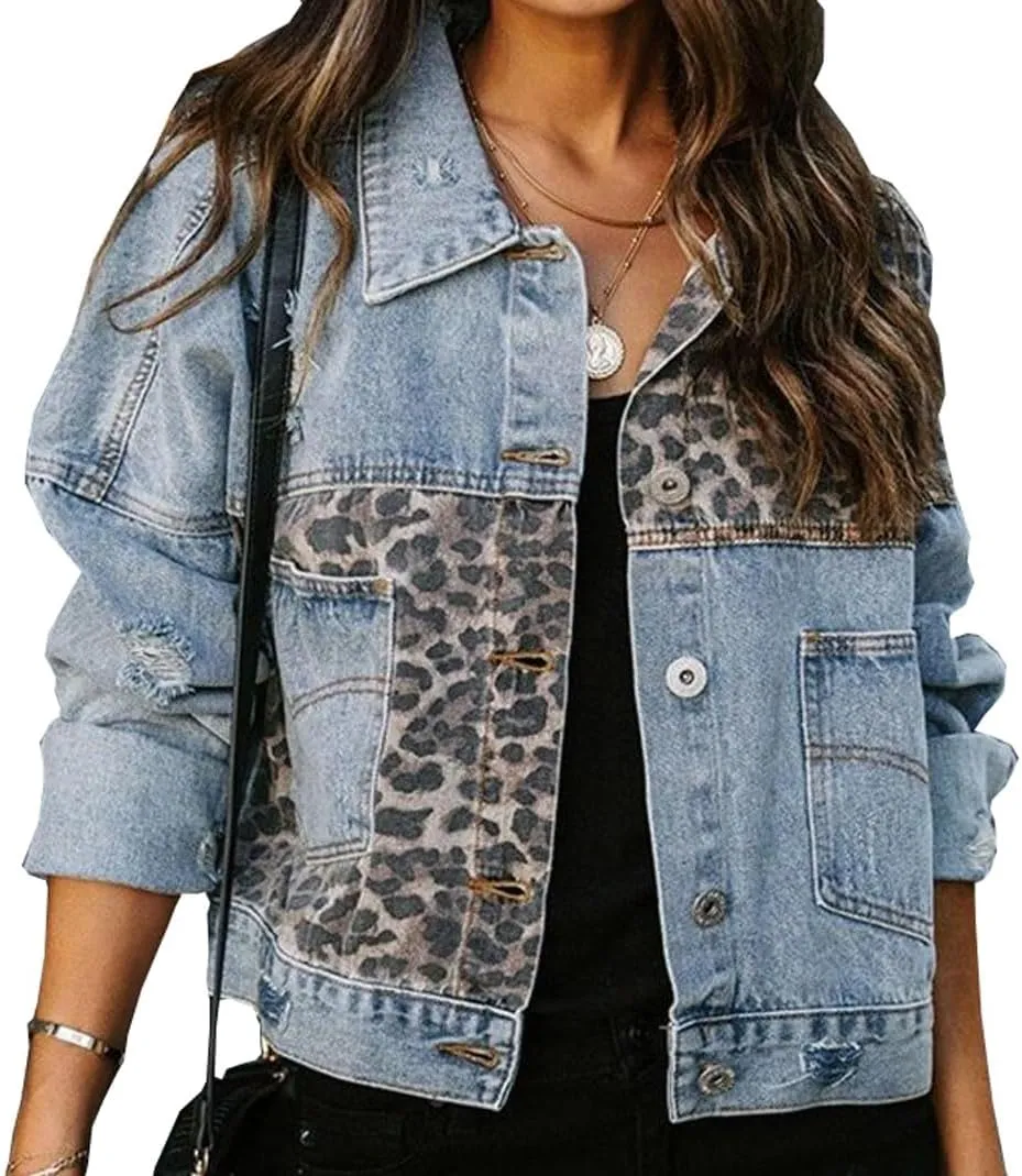 Women's Casual Long Sleeve Button Up Denim Jacket Leopard Print Patchwork Jean Top Coat Jackets
