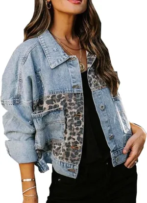 Women's Casual Long Sleeve Button Up Denim Jacket Leopard Print Patchwork Jean Top Coat Jackets
