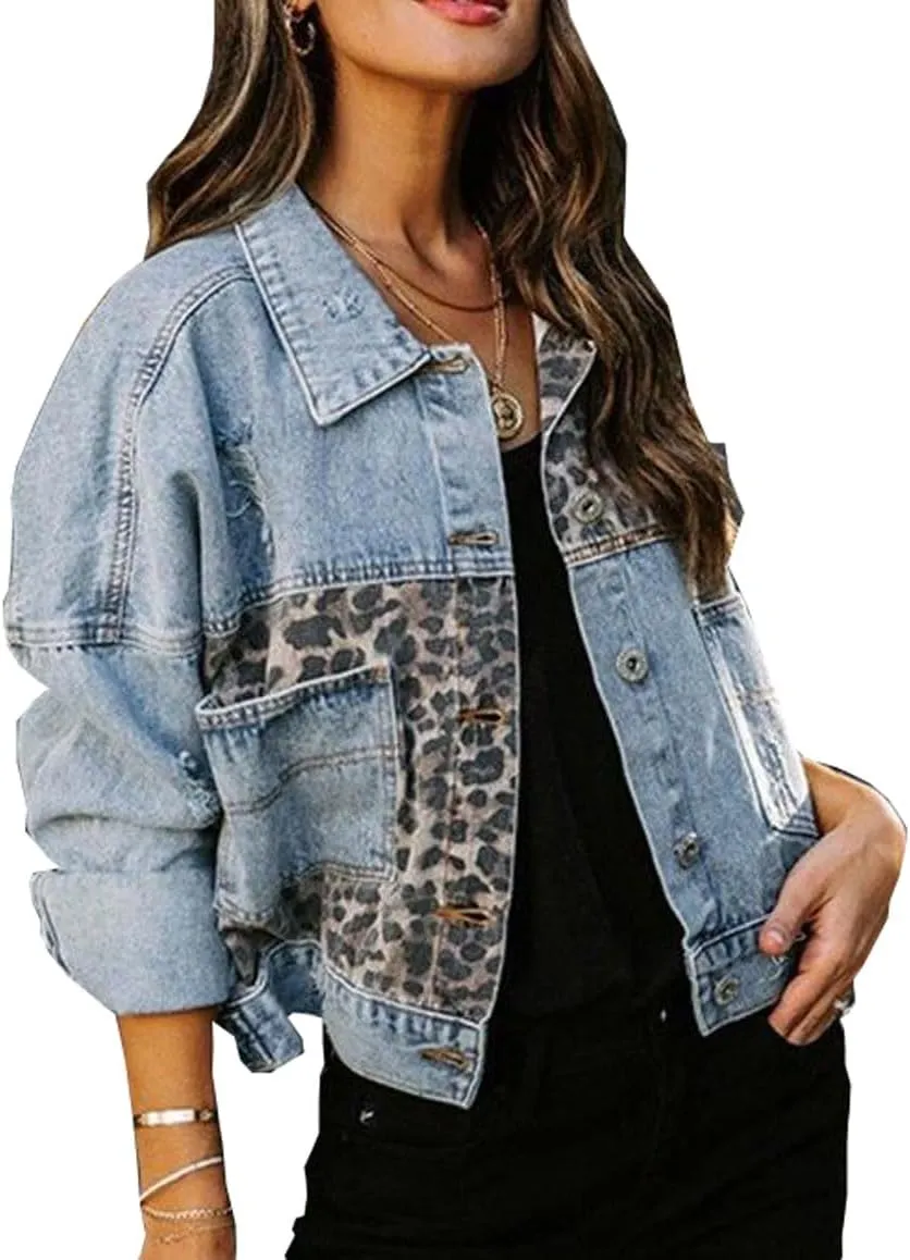 Women's Casual Long Sleeve Button Up Denim Jacket Leopard Print Patchwork Jean Top Coat Jackets