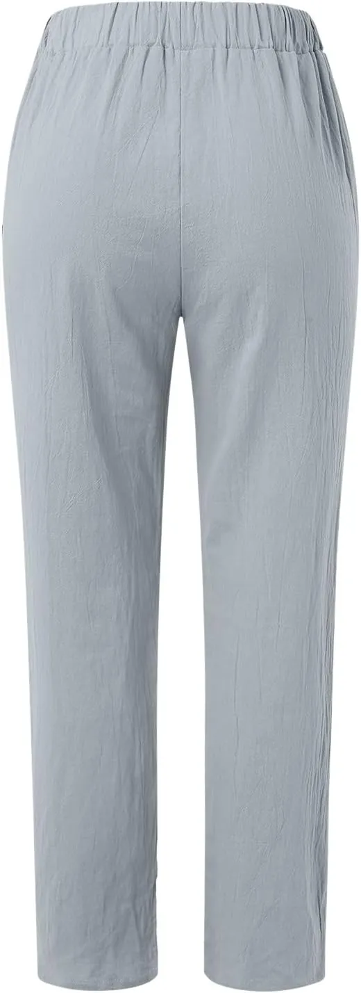 Women's Casual Pants Striped Side Button Elastic Waist Capri Pants Trendy Straight Leg Linen Pants with Pocket Baggy Trousers
