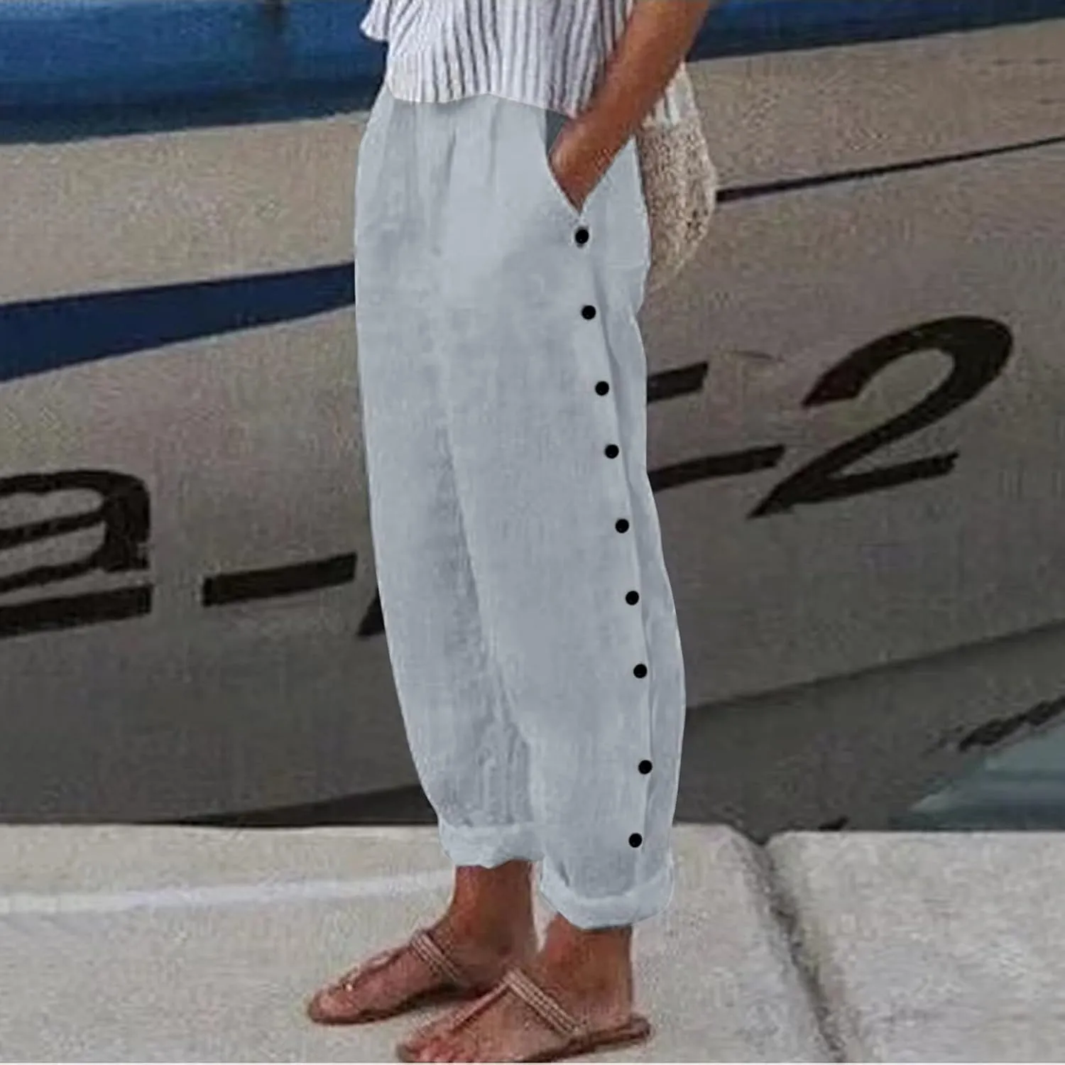 Women's Casual Pants Striped Side Button Elastic Waist Capri Pants Trendy Straight Leg Linen Pants with Pocket Baggy Trousers