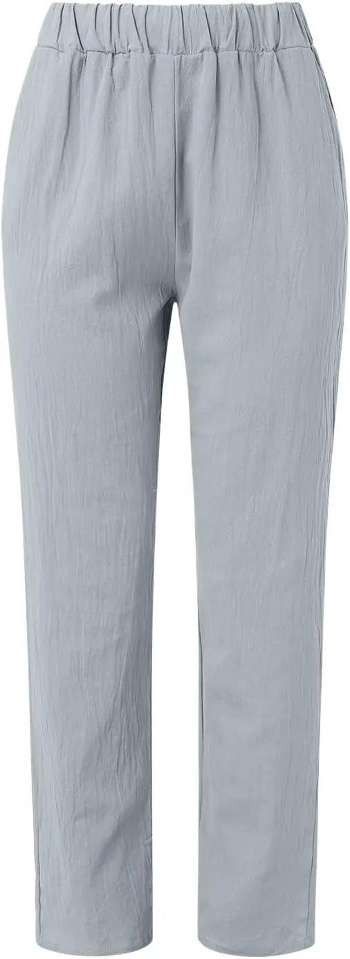 Women's Casual Pants Striped Side Button Elastic Waist Capri Pants Trendy Straight Leg Linen Pants with Pocket Baggy Trousers