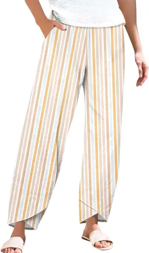 Women's Casual Striped Graphic Cotton Linen High Waisted Cropped Pants Summer Beach Boho Vacation Trendy Trousers