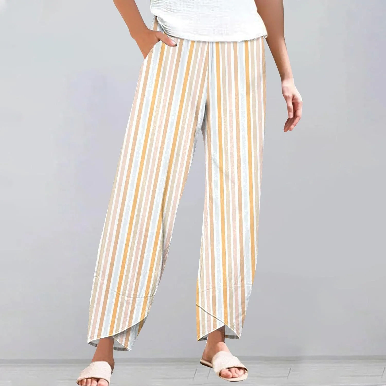 Women's Casual Striped Graphic Cotton Linen High Waisted Cropped Pants Summer Beach Boho Vacation Trendy Trousers