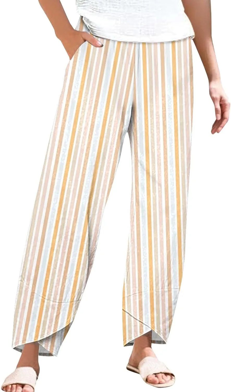 Women's Casual Striped Graphic Cotton Linen High Waisted Cropped Pants Summer Beach Boho Vacation Trendy Trousers