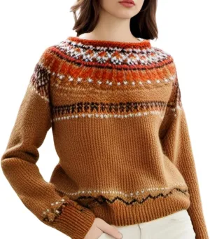 Women's Classic Fair Isle Pattern Knit Sweater 2024 Trendy Casual Loose Crewneck Long Sleeve Lightweight Jumper Tops