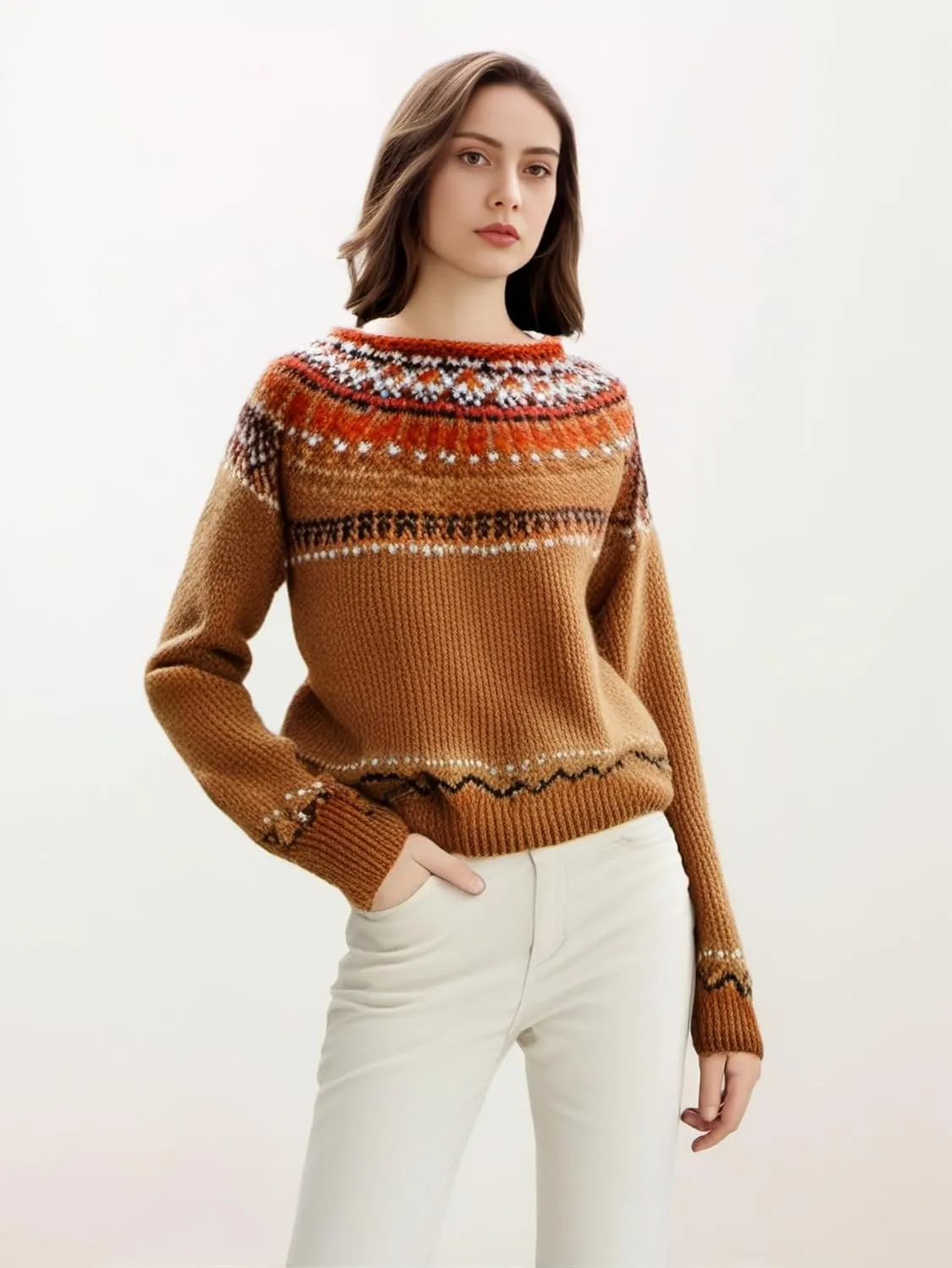 Women's Classic Fair Isle Pattern Knit Sweater 2024 Trendy Casual Loose Crewneck Long Sleeve Lightweight Jumper Tops