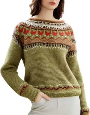 Women's Classic Fair Isle Pattern Knit Sweater 2024 Trendy Casual Loose Crewneck Long Sleeve Lightweight Jumper Tops