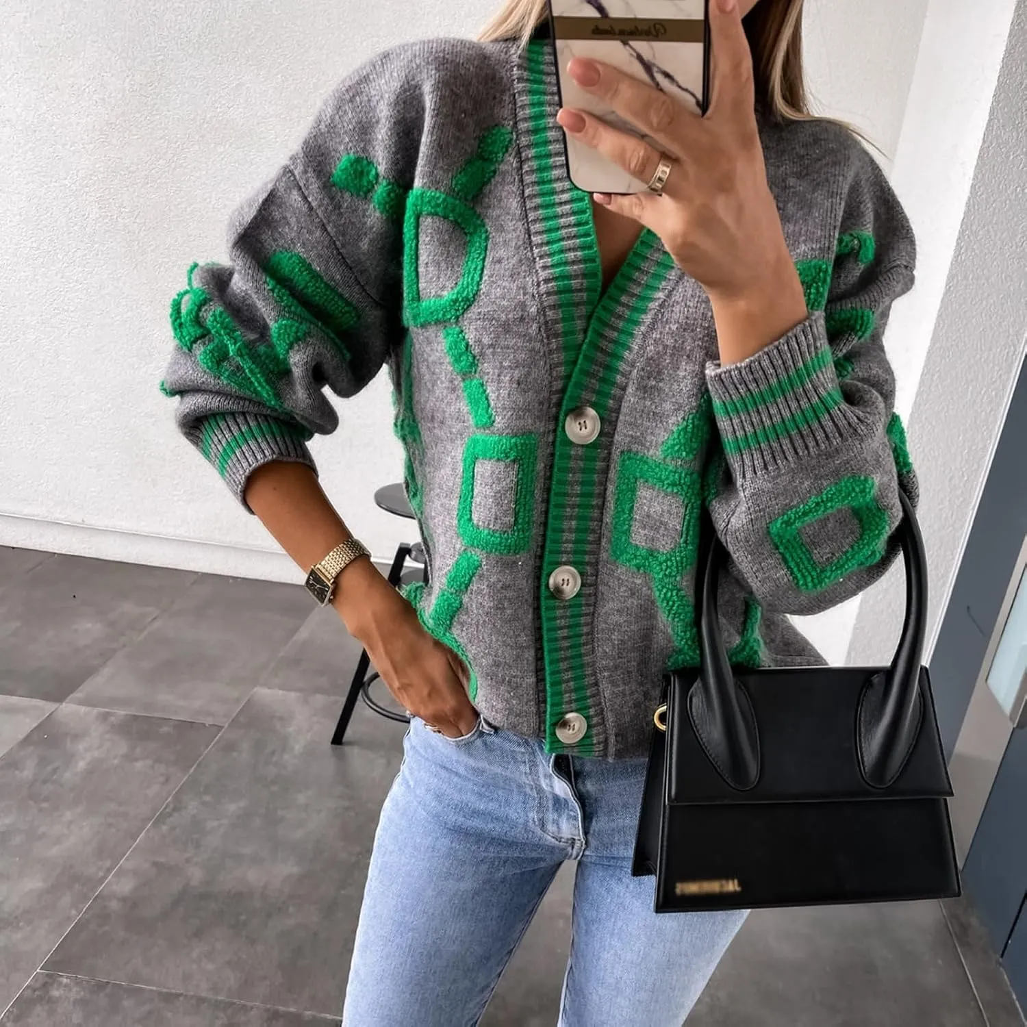 Women's Color Blocking V-Neck Fashionable Loose Sweater Cardigan Long Sleeve Geometric Oversized Knit Sweater Coat