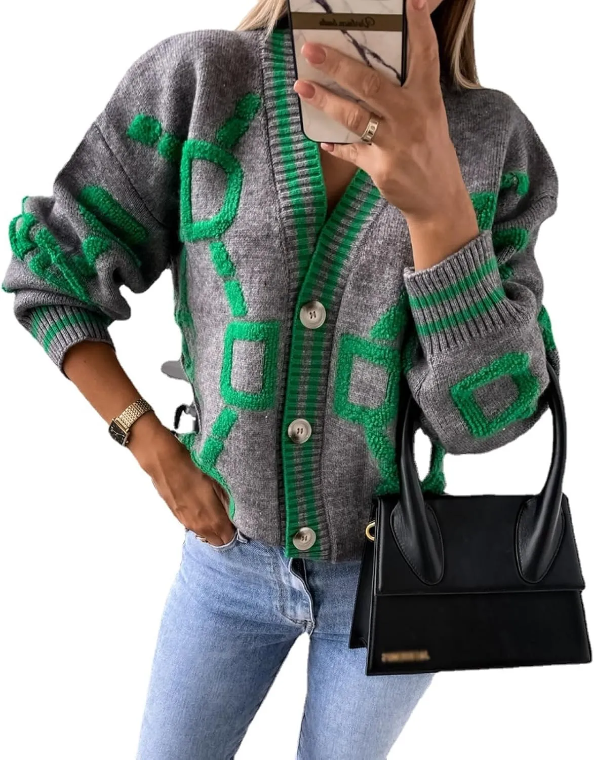 Women's Color Blocking V-Neck Fashionable Loose Sweater Cardigan Long Sleeve Geometric Oversized Knit Sweater Coat