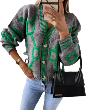 Women's Color Blocking V-Neck Fashionable Loose Sweater Cardigan Long Sleeve Geometric Oversized Knit Sweater Coat