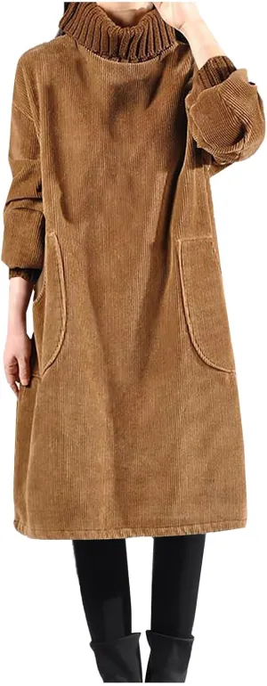 Women's Corduroy Turtleneck Long Sleeve Dress with Pockets Fall Winter Casual Loose Solid Color Midi Dresses Plus Size