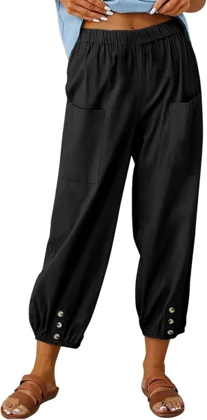 Women's Cotton Linen Capri Pants Plain High Waist Cinch Bottom with Button Summer Loose Casual Trouser with Pockets