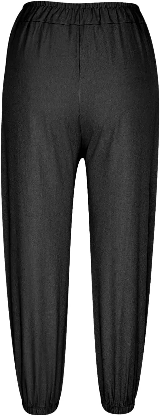 Women's Cotton Linen Capri Pants Plain High Waist Cinch Bottom with Button Summer Loose Casual Trouser with Pockets