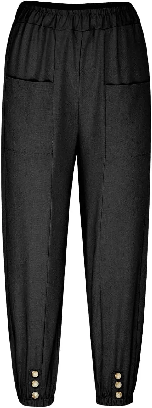 Women's Cotton Linen Capri Pants Plain High Waist Cinch Bottom with Button Summer Loose Casual Trouser with Pockets