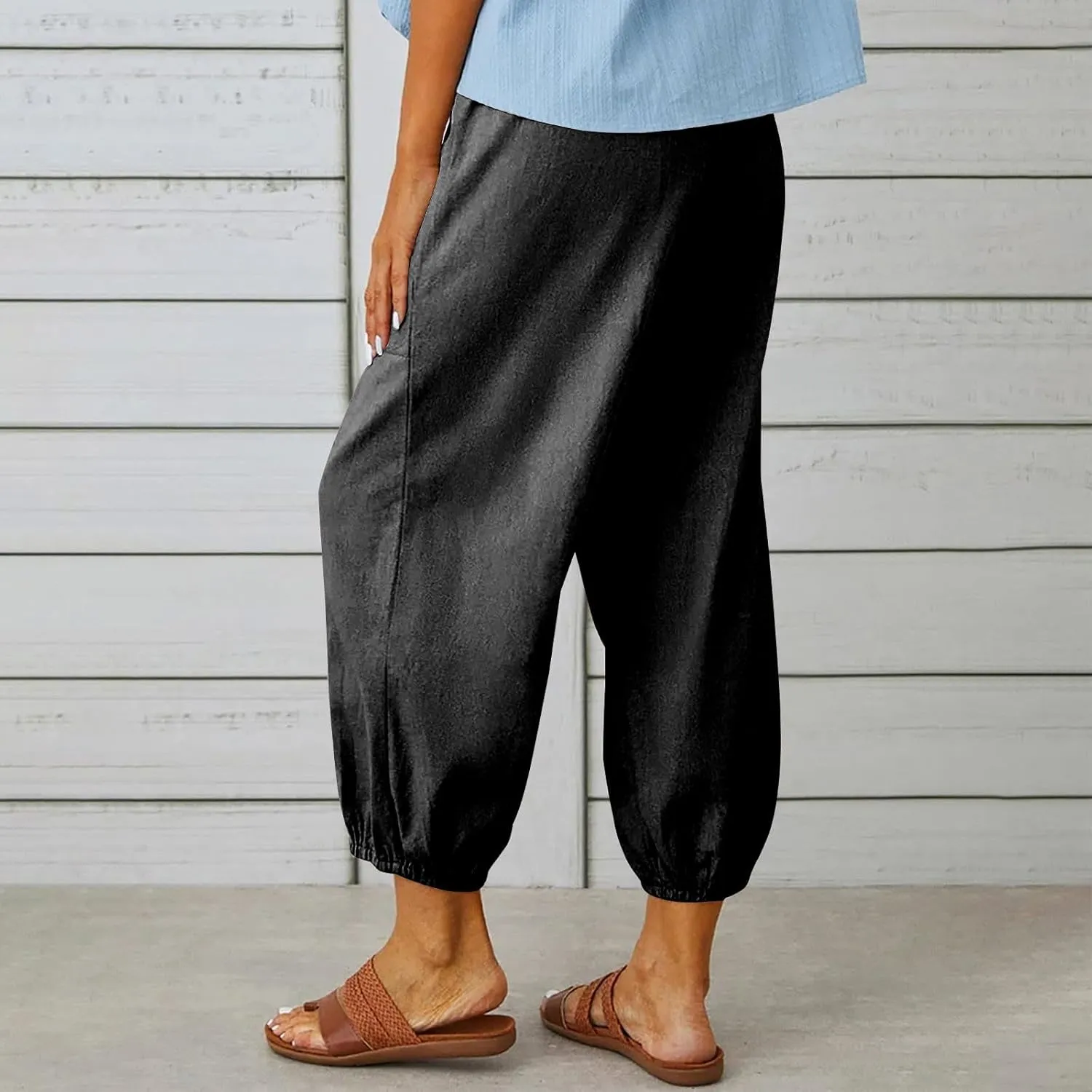 Women's Cotton Linen Capri Pants Plain High Waist Cinch Bottom with Button Summer Loose Casual Trouser with Pockets